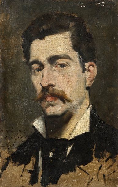 Antonio DE LA GANDARA (1861-1917)
Portrait de Mr Griveau. Huile sur toile.Signée et dédicacée «a mi amigo Don Griveau» en bas à gauche.Petits accidents.46 x 29,5 cm.