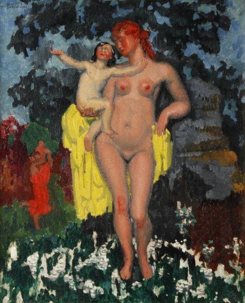 MARCEL-LENOIR (1872-1931)
Femme à l'enfant.Huile sur panneau..Signée en haut à gauche et certifiée au dos par sa veuve..46 x 38 cm.
