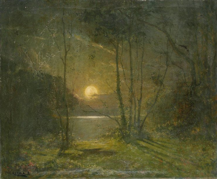 Ernest AZEMA (1871-1917)
Bord d'étang au clair de lune.Huile sur toile..Signée en bas à gauche..60 x 73 cm..Usures.