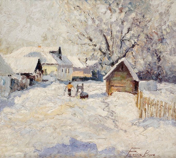 Fran BARO (1926-2000)
Paysage de neige.Huile sur toile..Signée en bas à droite..33 x 35 cm.