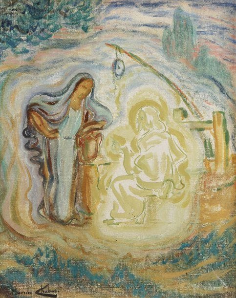 Maurice CHABAS (1862-1947)
Marie Madeleine à la fontaine..Huile sur toile..Signée en bas à gauche..27 x 22 cm.