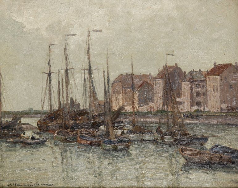 Wilhelm HAMBÜCHEN [allemand] (1869-1939)
Voiliers au port.Huile sur toile..Signée en bas à gauche..Titrée au dos..40,5 x 50,5 cm.