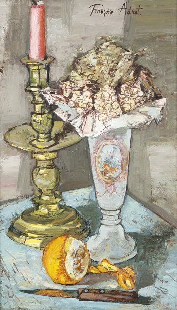 Françoise ADNET (née en 1924)
Nature morte au bougeoir.Huile sur toile..Signée en haut vers la droite..55 x 34 cm.