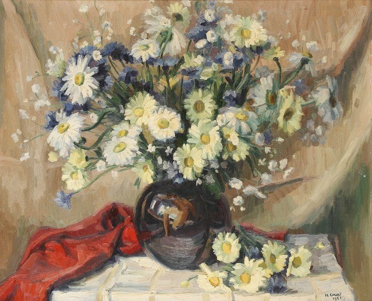 H. COURT
Table au bouquet fleuri, 1951.Huile sur toile..Signée et datée en bas à droite.60 x 73 cm..Provenance : Succession B
