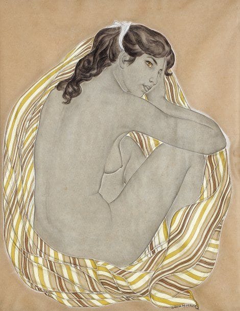Génia MINACHE (1907-1972)
Etude de femme nue au voile.Gouache et fusain..Signé en bas vers la droite..47 x 38 cm.