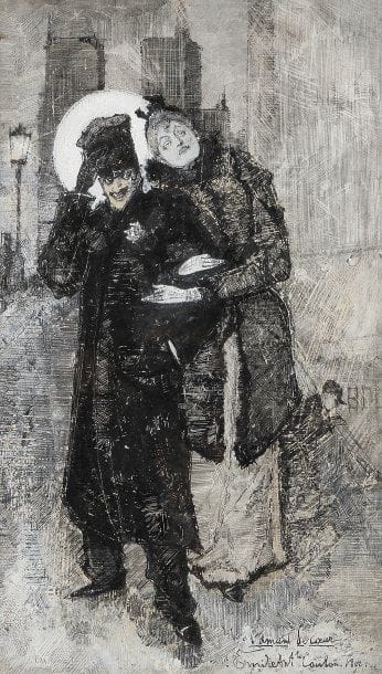 Emile-Antoine COULON (Belge) (Ap.1868- Ap.1937)
L'Amant de coeur, 1892.Technique mixte sur papier Gillot..Signée et datée en bas à droite..46 x 26 cm.