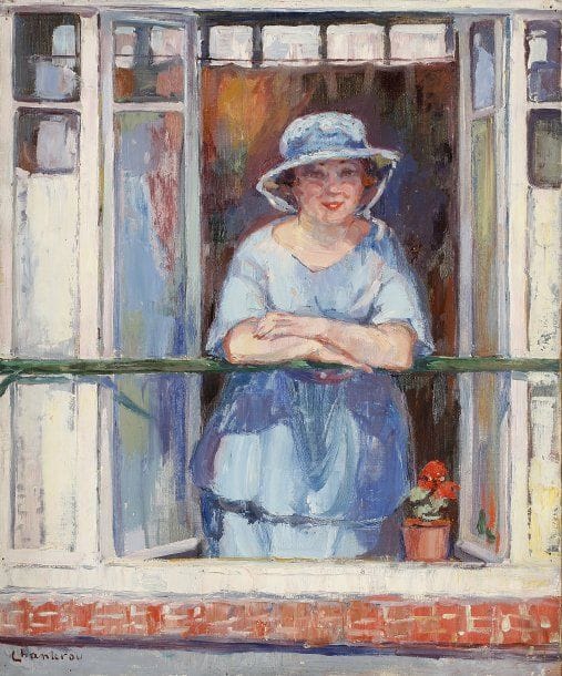 Raphaël CHANTEROU [belge]
Femme au balcon.Huile sur toile..Signée en bas à gauche..65 x 54 cm..Provenance : Vente Maître Loudmer, Paris, 1996
