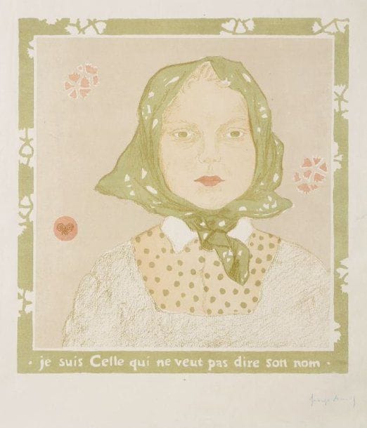 George Auriol (Jean-Georges Huyot, dit) (1863-1938)
Je suis Celle qui ne veut pas dire son nom. Vers 1894. Lithographie. 300 x 323. Fields 8. Impression en couleurs. Belle épreuve sur vélin glacé, signée au crayon bleu, soigneusement lavée. Plusieurs courtes déchirures consolidées aux bords du feuillet. Traces de plis. Toutes marges.
