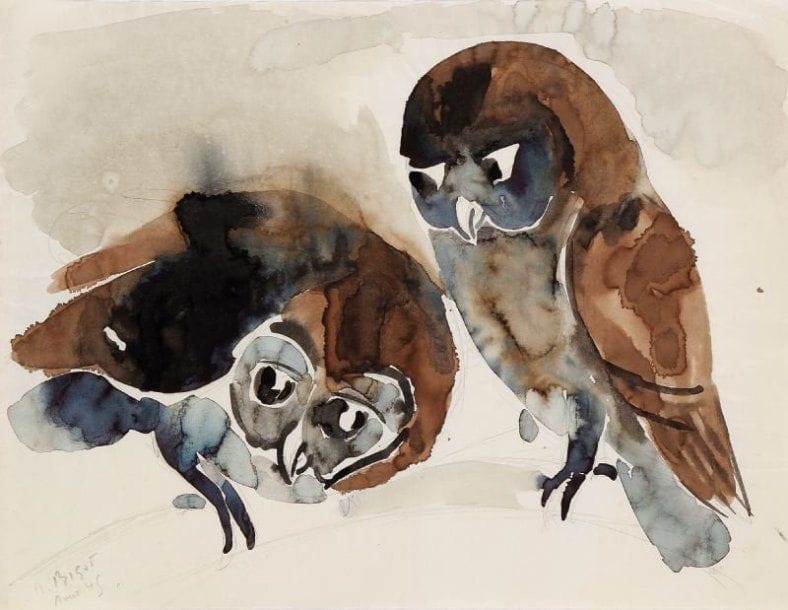 Raymond Bigot (1872-1953)
[Deux chouettes]. 1945. Aquarelle sur vélin blanc mince, [325 x 250], signée et datée « Aout 45 » à la mine de plomb dans l'angle inférieur gauche. Traces de plis.