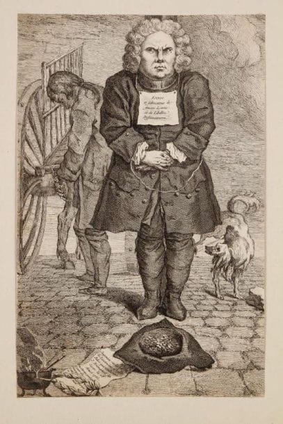 Anonyme XVIIIe s
[J. Emmanuel la Coste, faussaire, au pilori]. Vers 1760. Eau-forte. 203 x 315. Belle épreuve rognée au sujet et collée par les angles sur vélin.