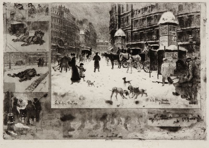 Félix Buhot (1847-1898)
L'Hiver à Paris ou La Neige à Paris. 1879. Eau-forte, pointe sèche, roulette et aquatinte. Bourcard-Goodfriend 128. Très belle épreuve sur vergé crème, du 2e état (sur 9 selon Goodfriend), avant les inscriptions gravées, soigneusement lavée. Dédicace et signature à la plume et à l'encre sépia, légèrement passées. Bonnes marges. Cadre.