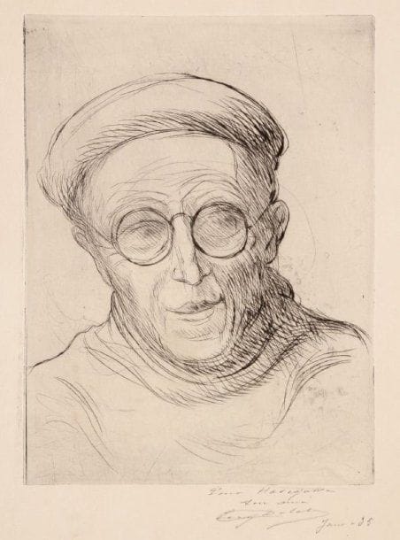 Eugène Delâtre (1854-1939)
Portrait de Kiyoshi Hasegawa. 1935. Pointe sèche. 167 x 230. I.F.F. non décrit. Belle épreuve sur vergé, légèrement oxydée, dédicacée à la mine de plomb « Pour Hasegawa / son ami / Eug. Delâtre Janv. 35 ». Plis verticaux dans les marges latérales. Courtes déchirures aux bords du feuillet. Toutes marges.
