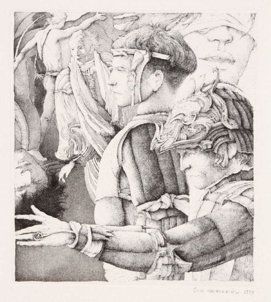 Érik Desmazières (né en 1948)
Le Songe de Malatesta. 1979. Eau-forte et aquatinte. 178 x 195. Fitch-Febvrel 35. Parfaite épreuve sur vélin, signée et datée à la mine de plomb, antérieure au tirage en carte de voeux. Toutes marges.