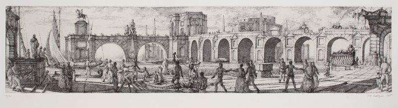 Érik Desmazières (né en 1948)
Dernier pont avant la mer. 1985. Eau-forte. 640 x 140. F.-F. 79. Parfaite épreuve sur vélin, numérotée, signée et datée à la mine de plomb. Toutes marges. Tirage à 90 épreuves.