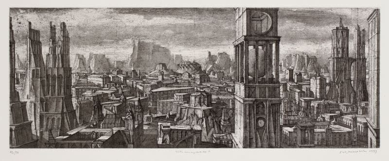 Érik Desmazières (né en 1948)
Ville imaginaire II. 1999. Eau-forte et aquatinte. 470 x 175. F.-F. 171. Parfaite épreuve sur vélin, numérotée, titrée, signée et datée à la mine de plomb. Toutes marges. Tirage à 75 épreuves.