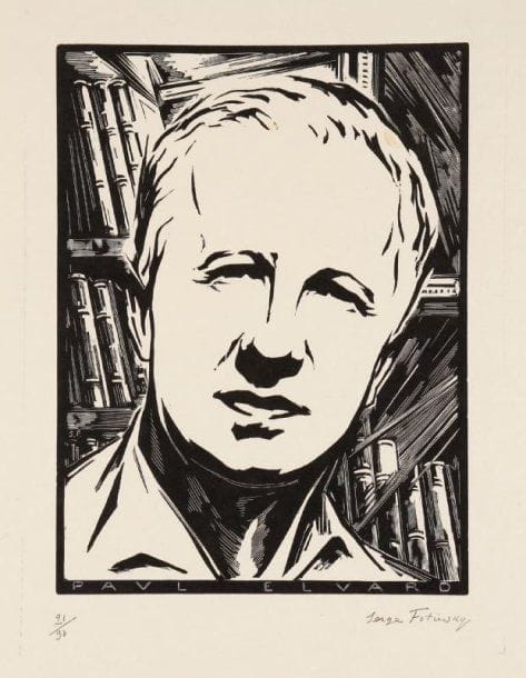 Serge Fotinsky (1887-1971)
Portrait de Paul Éluard. Vers 1930. Bois gravé. 180 x 240. Très belle épreuve sur simili-japon, numérotée et signée à la mine de plomb. Petites traces d'ancien montage oxydées dans les angles supérieurs. Toutes marges. Tirage à 90 épreuves.