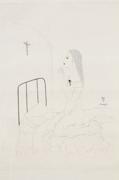 Léonard-Tsuguharu Foujita (1886-1968)
La Prière. 1924. Eau-forte. 308 x 365. B. 24.85. Très belle épreuve sur vélin blanc. Toutes marges. Rare. Tirage à 20 épreuves. Cadre.