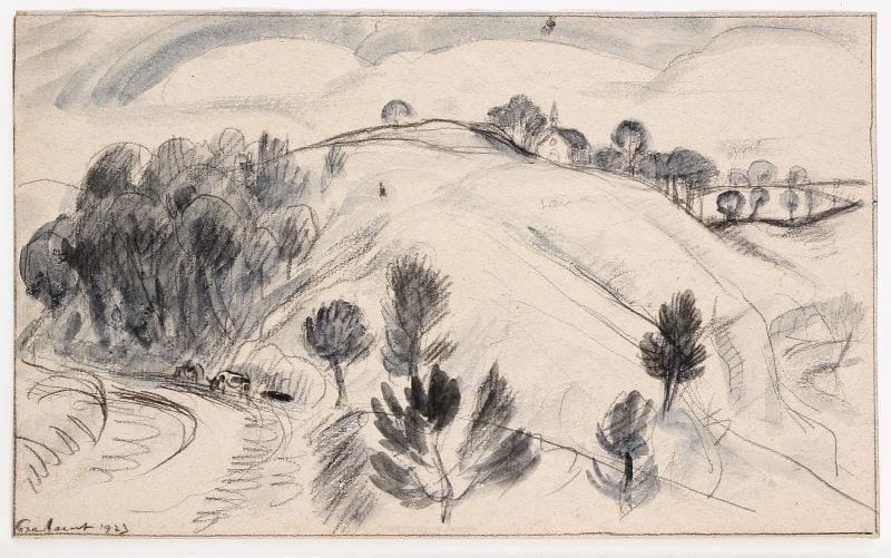 Jean Frélaut (1879-1954)
Arzano. 1923. Dessin à la mine de plomb, pierre noire et lavis de gouache bleue, sur vergé provenant d'un ancien registre, [325 x 200], encadré d'un filet, signé et daté à la pierre noire dans l'angle inférieur gauche et titré au verso.
