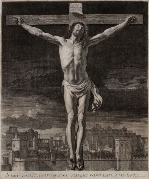 Jean Morin (1609-1666)
Nemo tollit animam a me, sed ego pono eam a me ipso. [Christ en croix devant les remparts de Jérusalem]. Gravé d'après Philippe de Champaigne. [640 x 760]. Robert-Dumesnil 21 ; Mazel 22. Rare épreuve en deux morceaux raboutés comme à l'ordinaire (version sans la partie inférieure, avec cette lettre gravée), soigneusement lavée et restaurée : petites retouches indétectables dans la cuisse droite du Christ ; légères reprises à la plume et à l'encre dans la lettre et dans la tour au premier plan à gauche. Infimes manques au bord droit du feuillet. Marges étroites.