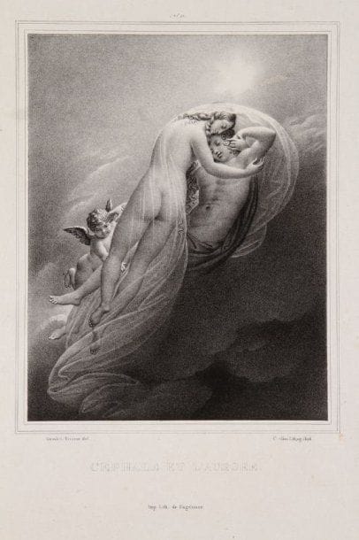 Anne-Louis Girodet-Trioson (d'après) (1767-1824)
Les / Amours des Dieux, / recueil / de compositions / dessinées par / Girodet / et lithographiées / par / M.M. Aubry Lecomte, Chatillon, Counis, Coupin de Lacouprie [sic], / Dassy, Dejuinne, Delorme, Lancrenon, Monanteuil et Pannetier, ses Élèves, / avec un texte explicatif / rédigé par M. P. A Coupin. / 1re livraison. / Chez G. Engelmann, Éditeur, / rue Louis Le Grand n° 27 / à Paris. 1826. Suite complète de 16 planches sous couverture de livraison rose lithographiée (défraîchie), précédées de feuillets de texte typographié. Format de l'album : 320 x 470. Très belles épreuves sur chine appliqué, une avec marges réduites. Toutes marges aux autres planches. Rousseurs claires éparses. Ex-coll. F. Heugel (annotation à la mine de plomb sur la 2e de couverture).