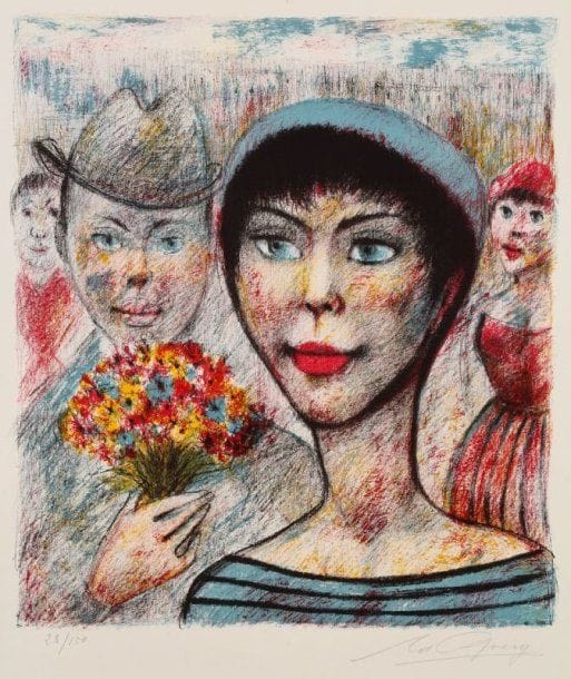 Édouard Goerg (1893-1969)
[Femme en toque bleue et homme au bouquet]. (L'Offrande ? 1950). Lithographie. 320 x 360. I.F.F. 185 (?) Impression en couleurs. Très belle épreuve sur vélin, numérotée et signée à la mine de plomb. Traces de plis. Toutes marges. Tirage à 150 épreuves.