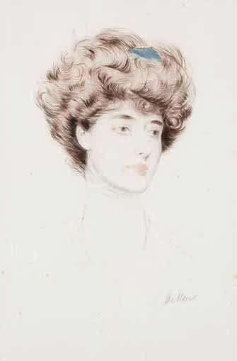 Paul-César Helleu (1859-1927)
[Jeune femme, peigne bleu dans les cheveux]. Pointe sèche. À vue : 297 x 485. Impression en couleurs. Belle épreuve sur vélin blanc, signée à la mine de plomb. Quelques rousseurs claires. Toutes marges. Cadre.