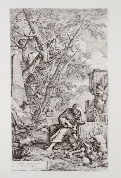 Salvator Rosa (1615-1673)
Album de divers sujets. 1656-1664. Un volume broché, couverture de vélin bleu, contenant 88 sujets. Eau-forte (parfois avec pointe sèche). Format de l'album : 470 x 610. Bonnes épreuves tirées sur les cuivres légèrement usés, sur vélin blanc (XIXe s.) Rousseurs, salissures et quelques auréoles d'humidité. Accidents divers. Description du contenu de l'album : F° 1 à 16 : 64 planches des Figurine et autres suites, tirées 4 à la feuille. 1656-1657. Bartsch 25 à 86. F° 17 : Combat de trois tritons ; Combat de trois tritons avec une néréide. B. 11 et 12. Deux autres sujets sur le même feuillet. F° 18 : Divinités fluviales ; Satyre jouant de la flûte ; Combat de tritons. B. 16, 14 et 13. F° 19 : Saint Guillaume de Maleval. B. 1 F° 20 : Apollon et la Sibylle de Cumes. B. 17. F° 21 : Glaucus et Scylla. B. 20. F° 22 : Albert, compagnon de saint Guillaume, attaché à un arbre. B. 2. F° 23 : Le Songe d'Énée. B. 23. F° 24 : Jason et le dragon. B. 18. F° 25 : Cérès et Phytalus. B. 19. F° 26 : Alexandre dans l'atelier d'Apelle. B. 4. F° 27 : Diogène rejetant son bol. B. 5. F° 28 : Diogène et Alexandre. B. 6. F° 29 : Le Génie de Salvator Rosa. B. 24. F° 30 : L'Académie de Platon. B. 3. F° 31 : Démocrite méditant. B. 7. F° 32 : La Mort d'Atilius Regus. B. 9. Épreuve rempliée. F° 33 : Le Sauvetage d'OEdipe enfant. B. 8. Épreuve rempliée. F° 34 : La Chute des Géants. B. 21. Épreuve rempliée. Manque et trou le long d'un pli. F° 35 : La Crucifixion de Polycrate. B. 10. Épreuve rempliée. Manque et trou le long d'un pli.