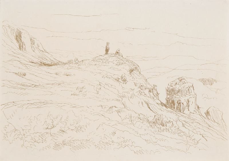 Paul Huet (1803-1869)
Souvenir de Bretagne ou Pâturages d'Auvergne. Cliché-verre. [218 x 155]. Delteil 98. Belle épreuve tirée en bistre. Petite trace de colle dans un angle au verso. Planche parue dans l'Album Auto-Photographique, 1re série.