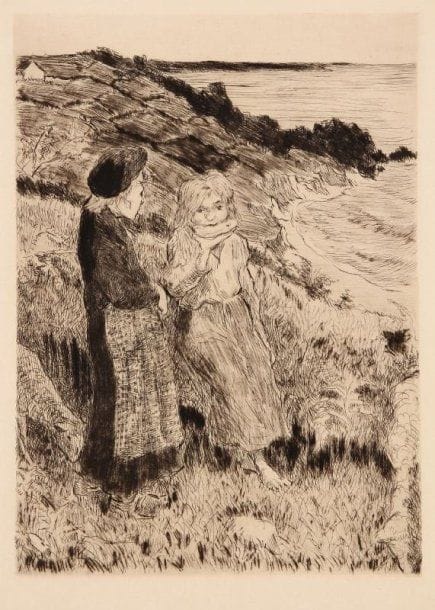 Henri-Gabriel Ibels (1867-1936)
[Deux fillettes sur une falaise bretonne]. 1899. Pointe sèche et roulette. 229 x 318. Très belle épreuve sur vergé, légèrement oxydée. Toutes marges. Timbre d'Insel Verlag au verso (Lugt 2861a).