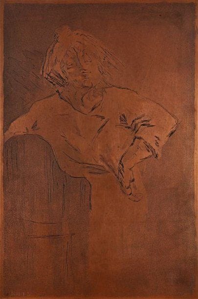 Louise Ibels (1891-1965)
[Femme, un point sur la hanche]. Vers 1940. Cuivre gravé à l'eau-forte et à l'aquatinte. 180 x 270. Une signature à la pointe sèche en bas à gauche.