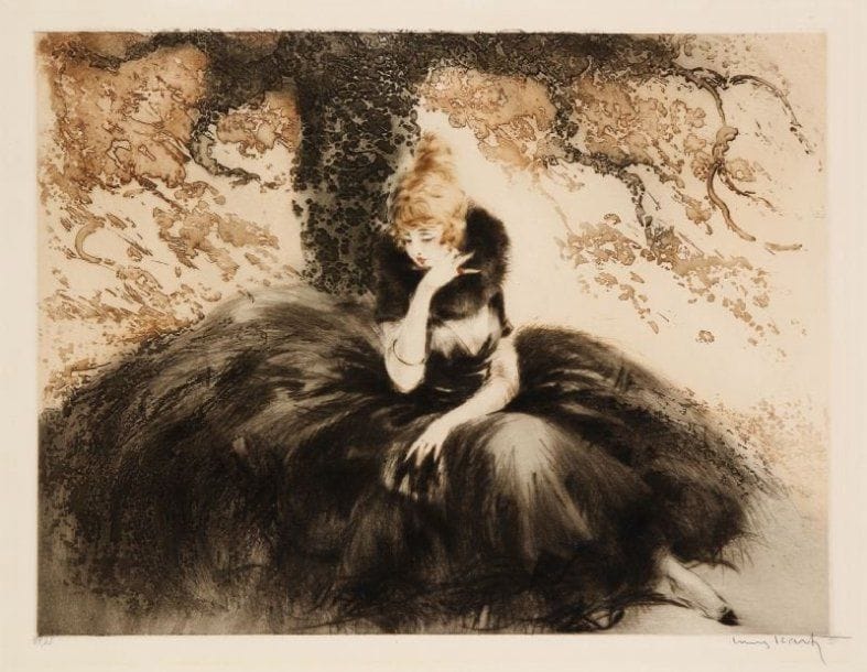 Louis Icart (1888-1950)
[Femme sous un arbre en automne]. Pointe sèche et aquatinte. 428 x 328. Impression en couleurs. Très belle épreuve sur vélin, soigneusement lavée, numérotée et signée à la mine de plomb. Traces claires d'oxydation et deux petites éraflures dans les bonnes marges. Annotation d'encadreur au verso.