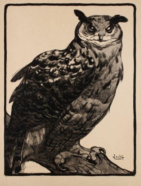 Paul Jouve (1878-1973)
Grand-duc. 1914. Lithographie. 580 x 760. Félix Marcilhac, Paul Jouve, peintre, sculpteur, animalier, Paris, Éditions de l'Amateur, 2005, p. 360. Belle épreuve d'essai, avant effaçage de certains traits de mise en place, sans la remarque, non signée, sur japon fort. Quelques plis cassés, notamment dans les angles. Toutes marges. Félix Marcilhac cite cette estampe qu'il n'a toutefois pas reproduite car jamais rencontrée (« sur japon, justification de tirage inconnue »). Une autre épreuve est connue, avec remarque, signée par l'artiste (vente Tajan, 17 mars 2005).