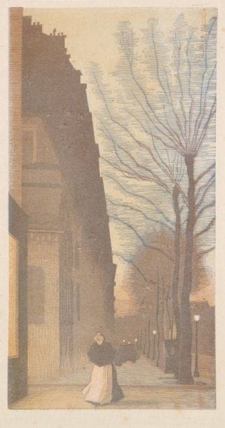 Amédée Joyau (1872-1913)
Avenue de Villiers. 1900. Bois gravé. 140 x 272. Curtis 28. Impression en couleurs. Très belle épreuve sur japon fort. Rousseurs claires éparses. Deux petits trous de reliure au bord gauche. Toutes marges.