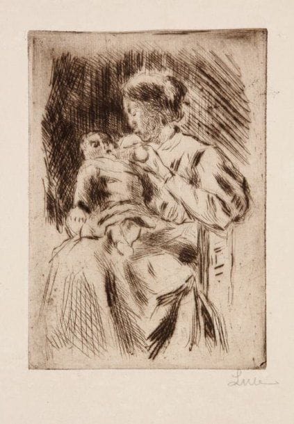 Maximilien Luce (1858-1941)
Femme donnant le biberon. Vers 1895-1900. Pointe sèche. 98 x 142. Très belle épreuve sur vergé, signée à la mine de plomb. Toutes marges.