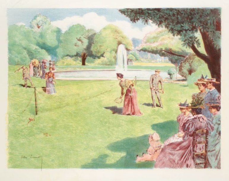 Alexandre Lunois (1863-1916)
La Partie de volant, ou Lawn Tennis. 1898. Lithographie. 500 x 380. I.F.F. 68 ; Johnson 74. Très belle et fraîche épreuve sur japon pelure, signée à la mine de plomb dans le sujet à gauche. Toutes marges. Tirage à 100 épreuves pour un album non publié de la Galerie Vollard.