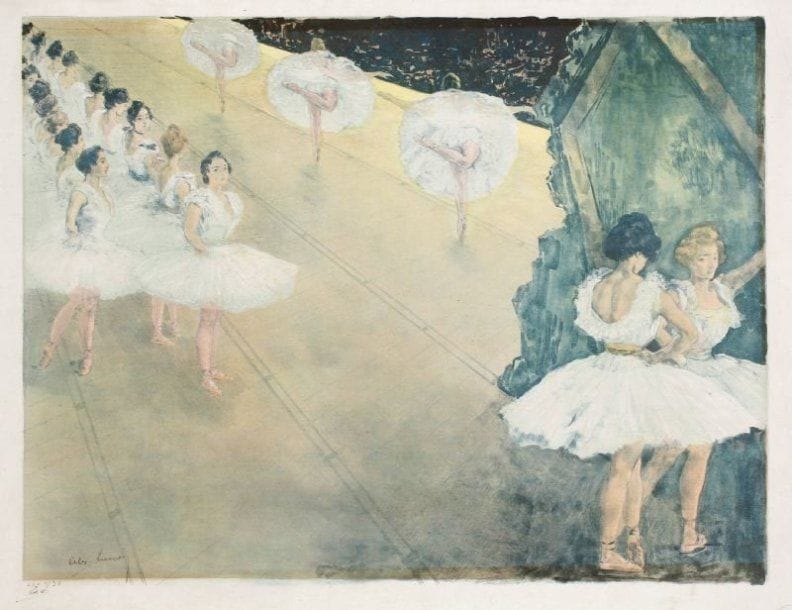 Alexandre Lunois (1863-1916)
Le Ballet. 1897. Lithographie. 505 x 385. I.F.F 82. Impression en couleurs. Belle épreuve sur japon pelure, soigneusement doublée sur vélin, signée à la mine de plomb dans le sujet à gauche, numérotée et paraphée par l'éditeur Ed. Sagot. Légères traces de plis et de frottement. Belles marges. Tirage à 40 épreuves.