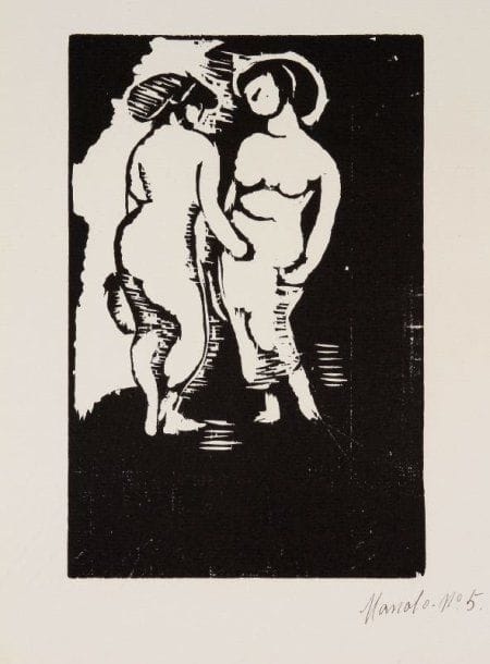 Manolo (Manuel Hugué y Martinez, dit) (1872-1945)
[Deux femmes nues en pied]. 1923. Bois gravé. 114 x 177. Parfaite épreuve sur vergé blanc filigrané « Arches », numérotée et signée à la plume et à l'encre. Toutes marges.