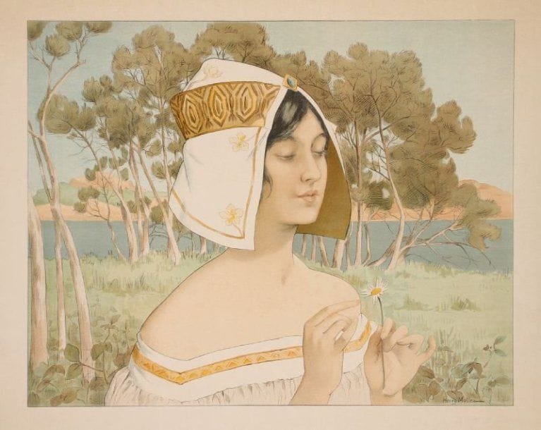 Henry Mottez (actif vers 1900)
[Femme en coiffe effeuillant la marguerite devant une rivière]. Vers 1890- 1900. Lithographie. 650 x 515. Impression en couleurs. Très belle épreuve sur vélin glacé fort. Menues traces de plis et courtes déchirures aux bords du feuillet. Toutes marges.