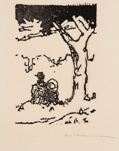 Marc Mouclier (1866-1948)
[Homme et enfant assis sous un arbre]. Vers 1895-1900. Bois gravé. 90 x 130. Très belle épreuve sur vélin mince, signée à la plume et à l'encre. Quelques rousseurs hors du sujet. Toutes marges.