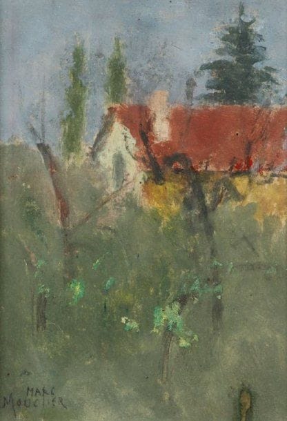 Marc Mouclier (1866-1948)
[Paysage au toit rouge]. Gouache sur vélin, à vue : 140 x 205, signée à la mine de plomb en bas à gauche. Petit accident retouché en pied. Cadre.
