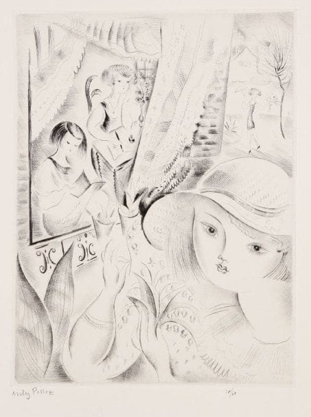 Mily Possoz (1888-1967)
La Leçon à la fenêtre (le muguet). 1930. Pointe sèche. 210 x 278. Parfaite épreuve sur vélin, signée et numérotée à la mine de plomb. Toutes marges. Tirage à 60 épreuves. Timbre sec : Marcel Guiot éditeur.