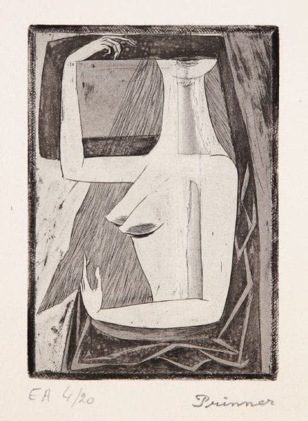 Anton Prinner (1902-1983)
[Femme tête coupée ; Femme-étoile et mains]. Eau-forte et aquatinte. 92 x 132 et 92 x 152. Parfaites épreuves sur vélin, justifiées « E A 4/20 » et signées à la mine de plomb. Toutes marges. Ens. 2 p.
