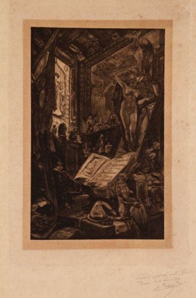 Félicien Rops (1833-1898)
L'Incantation. 1888. Héliogravure reprise au vernis mou et à l'aquatinte. 255 x 380. Exsteens 436 ; Rouir 966. Très belle épreuve sur similijapon, oxydée, signée au crayon rouge. Dédicace du collectionneur à la mine de plomb en pied : « Souvenir amical à M. [?] / Bressuire le 12 février 1890 / A. Barrion ». Toutes marges.