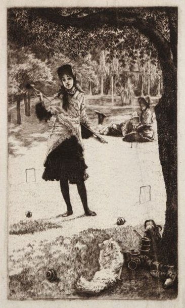 James J.-J. Tissot (1836-1902)
Le Croquet. 1878. Eau-forte et pointe sèche. 180 x 305. Wentworth 37. Épreuve sur japon vergé mince, collée en plein sur carton. Longue trace de pli oblique frottée en travers de la partie droite du sujet. Traces de frottement éparses et petits manques dans les angles droits. Bonnes marges.
