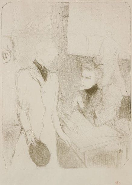 Henri de Toulouse-Lautrec (1864-1901)
Brandès et Le Bargy, dans « Cabotins ». 1894. Lithographie. 330 x 430. Delteil 61 ; Wittrock 52 ; Adriani 67. Impression en vert olive. Belle et rare épreuve sur simili-japon, lavée, timbrée (Lugt 1338). Toutes marges [375 x 550]. Tirage à 50 épreuves (dont seulement environ la moitié des planches timbrées). Cadre.