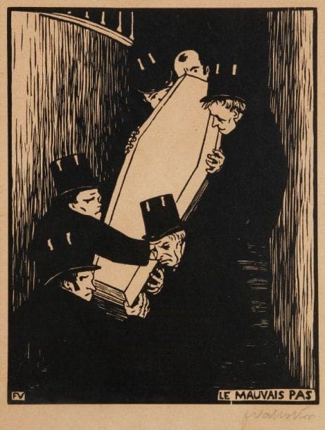 Félix Vallotton (1865-1925)
Le Mauvais Pas. 1893. Bois gravé. 180 x 223. Vallotton et Goerg 130 a. Belle épreuve du 1er tirage à 50 épreuves environ, sur vélin mince chamois, signée à la mine de plomb. Petites traces de frottement en surface. Courtes déchirures obliques dans l'angle inférieur gauche du sujet. Marges. Cadre.