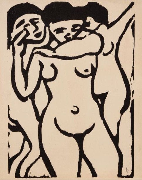 Maurice de Vlaminck (1876-1958)
Au bordel. 1905. Bois gravé. 175 x 242. Walterskirchen 1 b. Très belle épreuve sur vélin, du second tirage pour les 100 exemplaires de tête de la revue Action (n° 4, juillet 1920), numérotée à la mine de plomb (numéro apocryphe). Traces d'adhésif et annotations d'encadreur au verso. Toutes marges.