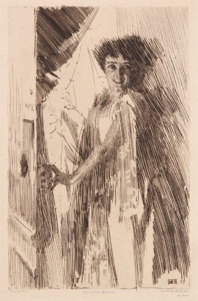Anders Zorn (1860-1920)
Rosita Mauri. 1889. Eau-forte. 157 x 235. Delteil 34 ; Asplund 34. Belle épreuve sur vélin, du tirage de la Gazette des Beaux-Arts. Petite fracture dans le sujet à droite. Légères épidermures au verso. Toutes marges.