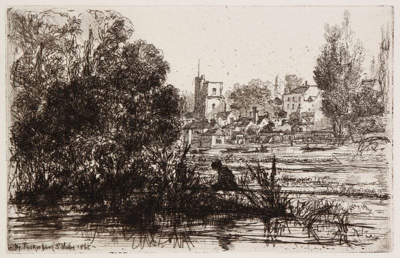 Sir Francis Seymour Haden (1818-1910)
Twickenham Church. 1865. Eau-forte. 212 x 135. Schneiderman 98. Très belle épreuve sur vergé. Très légère oxydation marginale. Toutes marges. Joint : Bords de la Tamise. 1864. Eau-forte. 202 x 138. S. 38. Belle épreuve sur vergé. Petites rousseurs et épidermure. Inscriptions à la mine de plomb au verso. Grandes marges. Ens. 2 p.