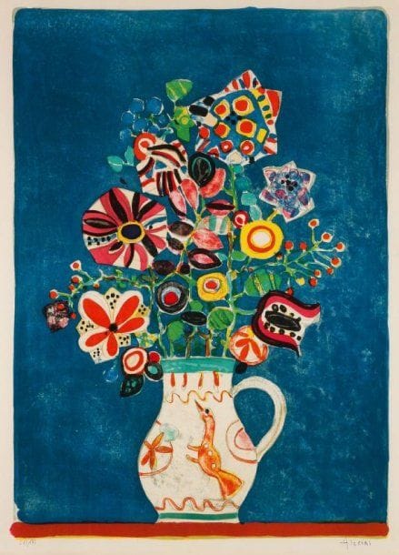 Paul Aïzpiri (né en 1919)
Fleurs dans un vase hongrois. 1970. Lithographie. 500 x 705. Impression en couleurs. Très belle épreuve sur vélin, légèrement oxydée, numérotée et signée à la mine de plomb. Marges. Tirage à 175 épreuves. Cadre.